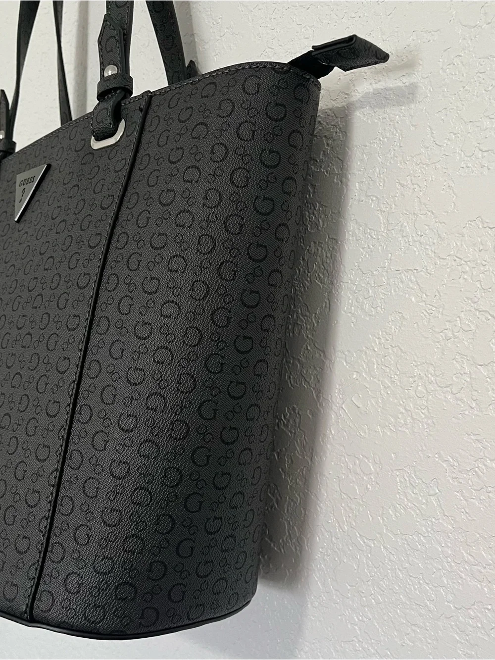 Guess Black Monogram Tote with Triangle Logo Accent